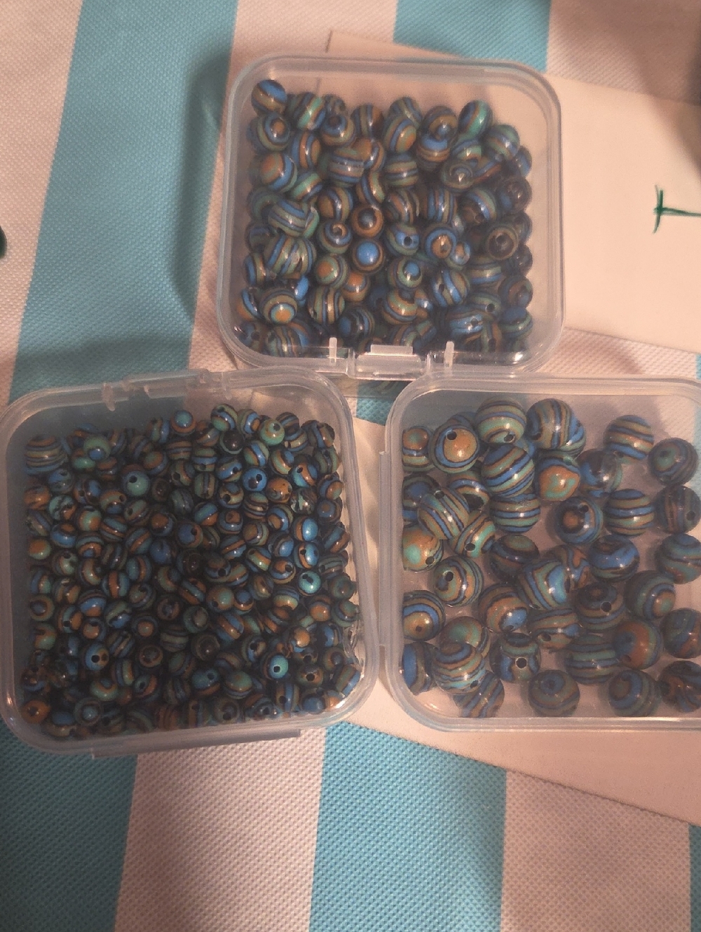 Bead Lot 2  Blue, Teal & Brown Striped Round Beads - Mixed Lot